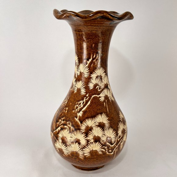 Sarawak Vase Clay Pottery Carved Crane Bird Glazed Brown Cream Ruffle Folk Art - Picture 3 of 13